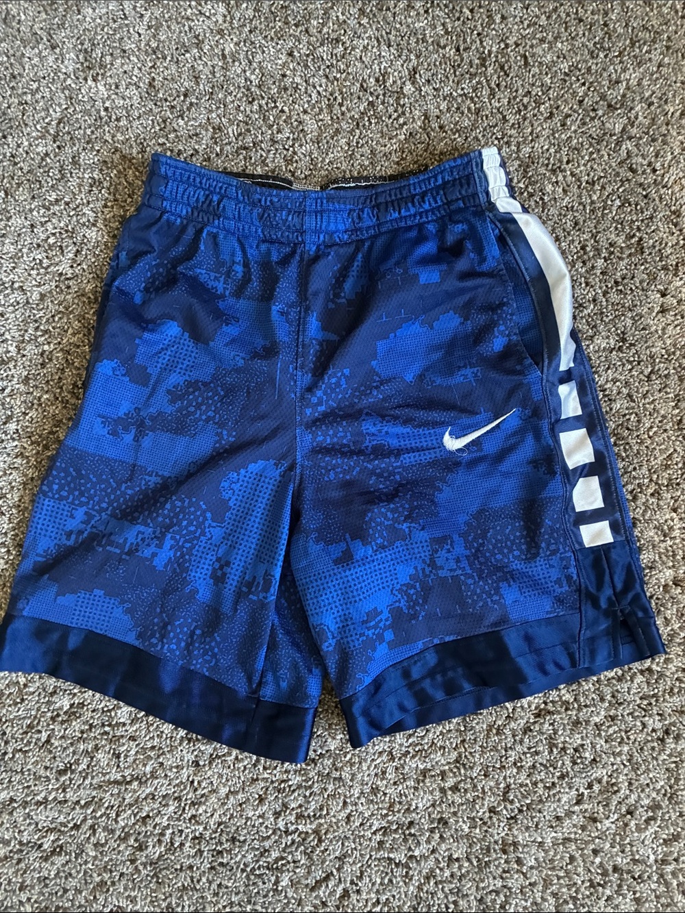 Nike Blue Camo Basketball Shorts with White Swoosh